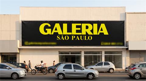 Lona em fachada de galeria comercial de rua movimentada (simulação)